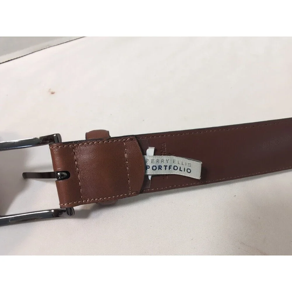 PERRY ELLIS PORTFOLIO LEATHER BELT BROWN MENS SIZE 42   EUC
